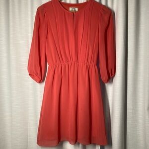 Coral Pleated Dress with 3/4 Sleeves